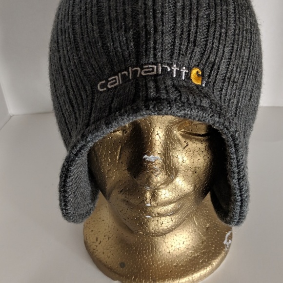 Carhartt Beanie Winter Cap Ear Flaps Hat Gray Knit - Picture 1 of 8